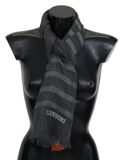 Missoni Gray Striped Wool Unisex Neck Wrap Fringes Scarf