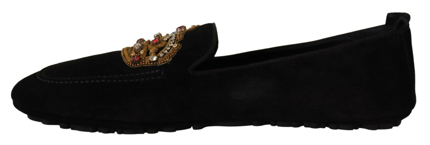 Dolce &amp; Gabbana – Loafer aus schwarzem Leder mit Kristall- und Goldkrone