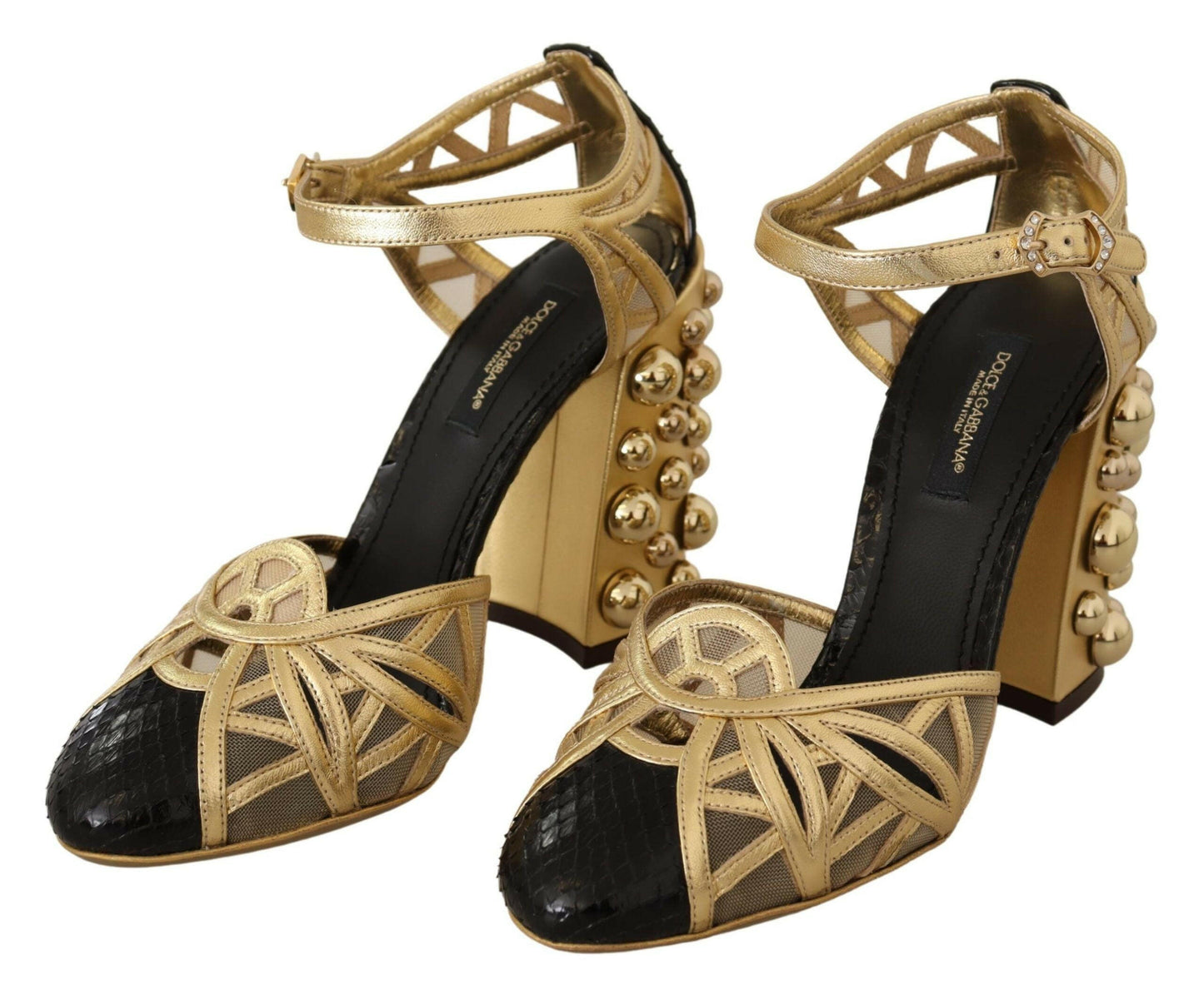 Dolce &amp; Gabbana – Schwarze, goldene Lederschuhe mit Knöchelriemen und Nieten