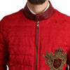 Dolce & Gabbana Red Brocade Bomber Gold Crown Logo Coat Jacket