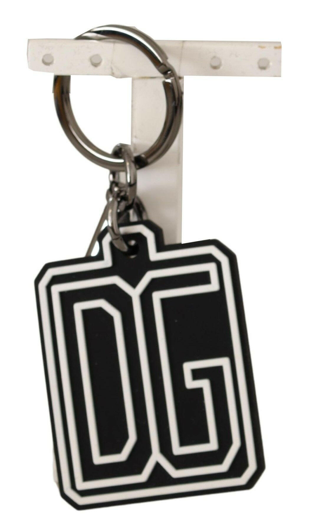 Dolce & Gabbana Black White DG Rubber Logo Silver Ring Keychain
