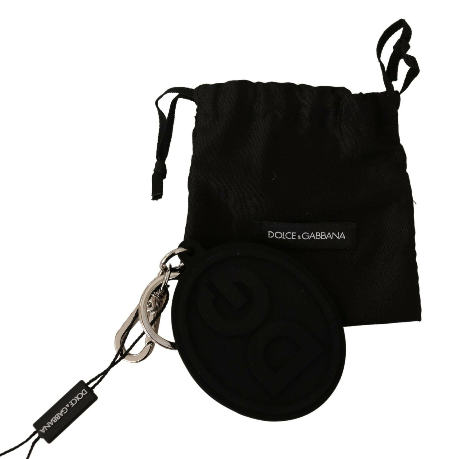 Dolce & Gabbana Black Rubber DG Logo Silver Brass Metal Keychain