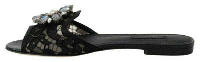 Dolce & Gabbana Black Taormina Lace Slides Crystals Flats Shoes