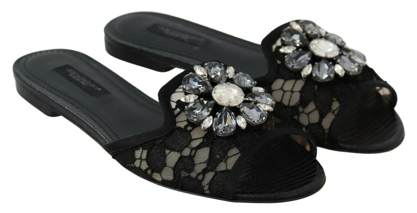 Dolce &amp; Gabbana - Mules élégantes en dentelle noire avec détail de fleur bijou