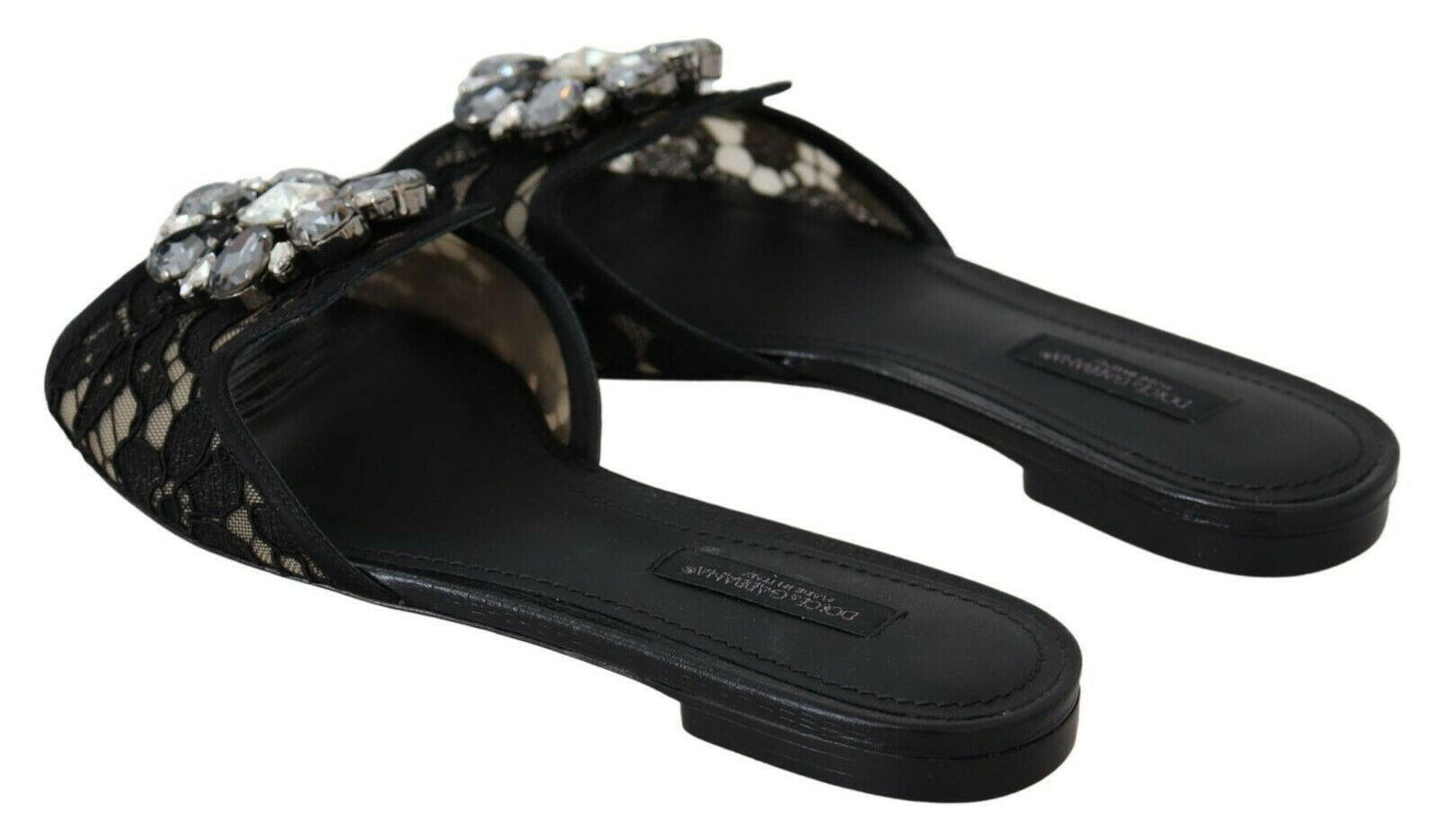 Dolce &amp; Gabbana - Mules élégantes en dentelle noire avec détail de fleur bijou