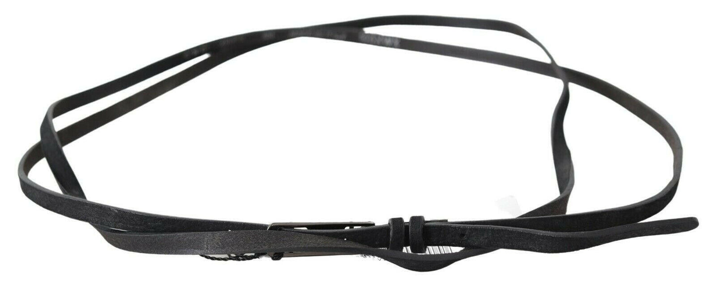 Costume National Black Leather Skinny Logo Buckle Belt