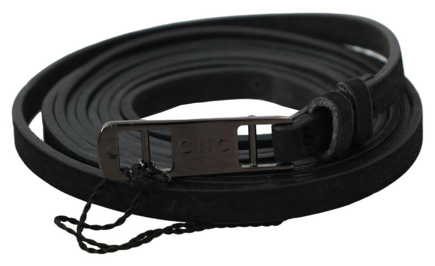 Costume National Black Leather Skinny Logo Buckle Belt