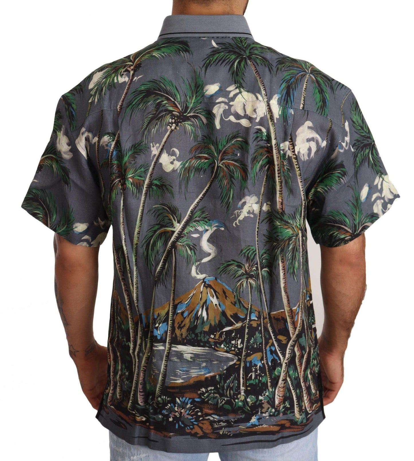 Dolce & Gabbana Gray Linen Tropical Print Collared Shirt