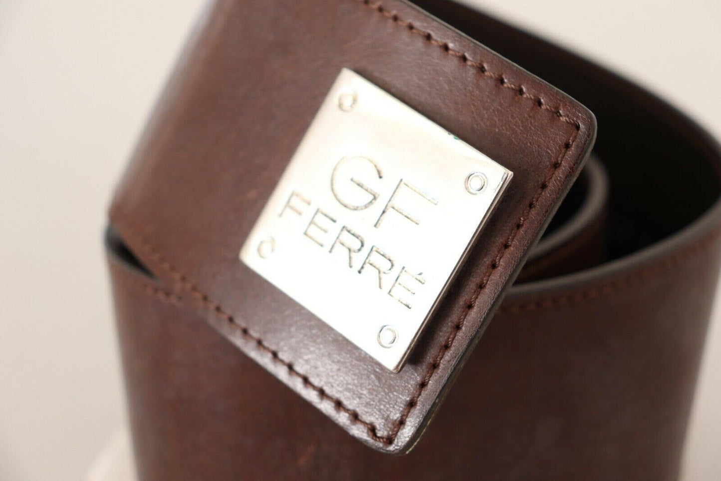 GF Ferre Brown Genuine Leather Wide Logo Buckle Waist Belt