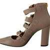 MY TWIN Brown Leather Block Heels Multi Buckle Pumps Shoes