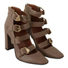 MY TWIN Brown Leather Block Heels Multi Buckle Pumps Shoes