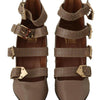 MY TWIN Brown Leather Block Heels Multi Buckle Pumps Shoes