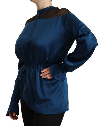 Masha Ma – Blaue Seidenbluse mit langen Ärmeln und elastischer Taille