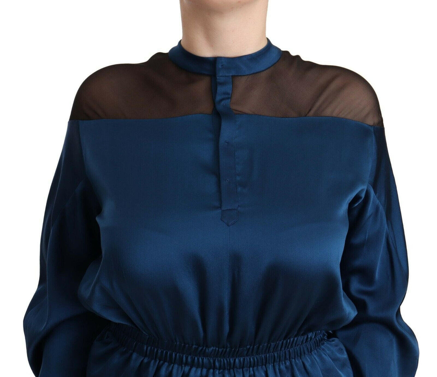 Masha Ma – Blaue Seidenbluse mit langen Ärmeln und elastischer Taille