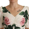 Dolce & Gabbana White Roses Print Stretch Silk Pleated Dress