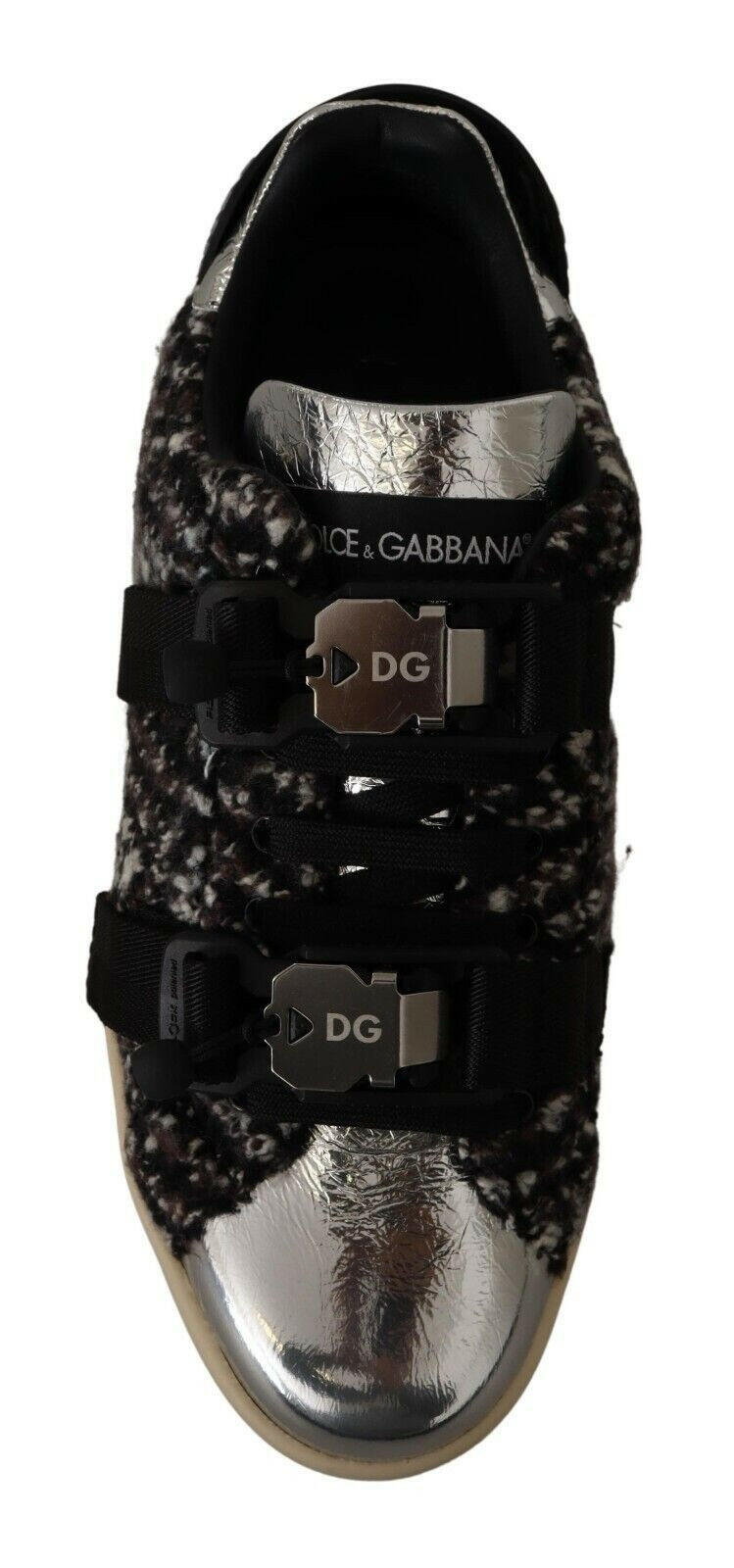 Dolce &amp; Gabbana Silber Leder Braun Baumwolle Wolle Sneakers Schuhe