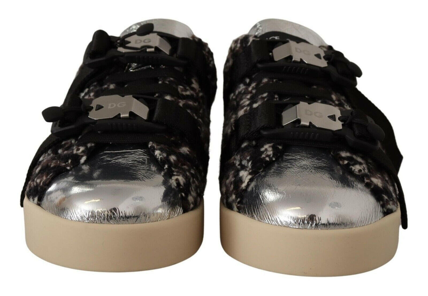 Dolce &amp; Gabbana Silber Leder Braun Baumwolle Wolle Sneakers Schuhe