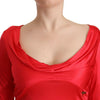 John Galliano Red Viscose 3/4 Sleeves Deep Round Neck Sheath Dress