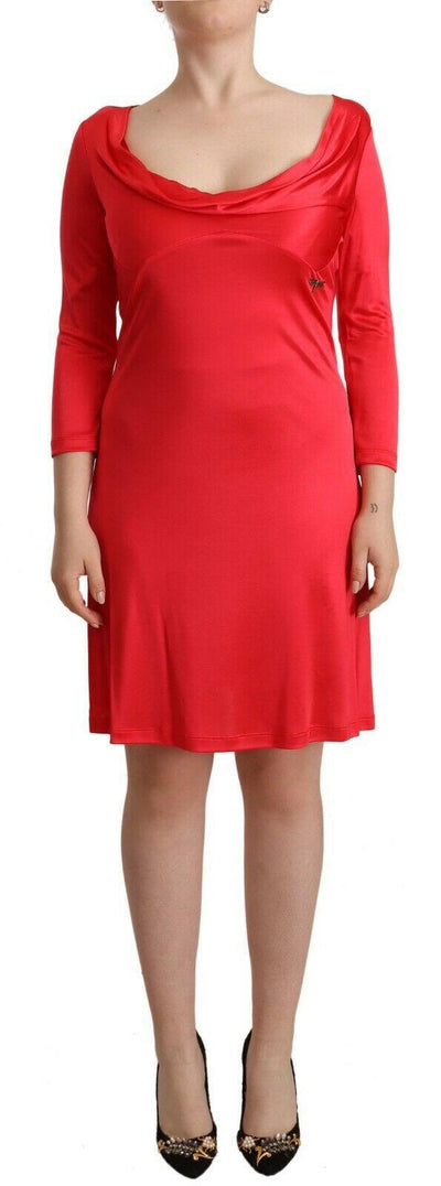 John Galliano Red Viscose 3/4 Sleeves Deep Round Neck Sheath Dress