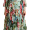 Dolce & Gabbana Green Floral Long Sleeves V-neck Midi Dress