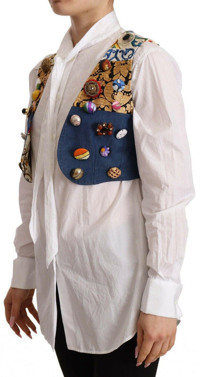 Dolce & Gabbana Multicolor Embellished Waist Coat Cotton Top