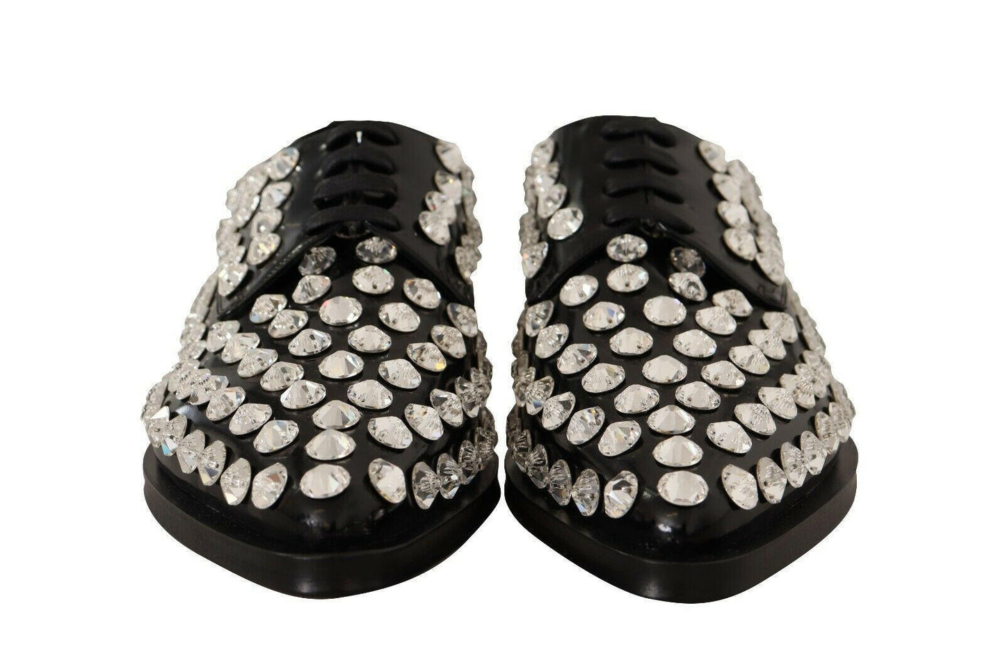 Dolce & Gabbana Black Leather Crystals Lace Up Formal Shoes