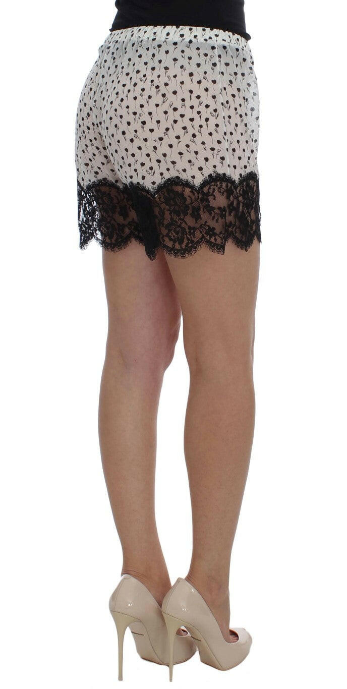 Dolce & Gabbana White Black Floral Lace Silk Sleepwear Shorts