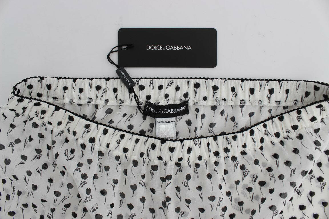 Dolce & Gabbana White Black Floral Lace Silk Sleepwear Shorts