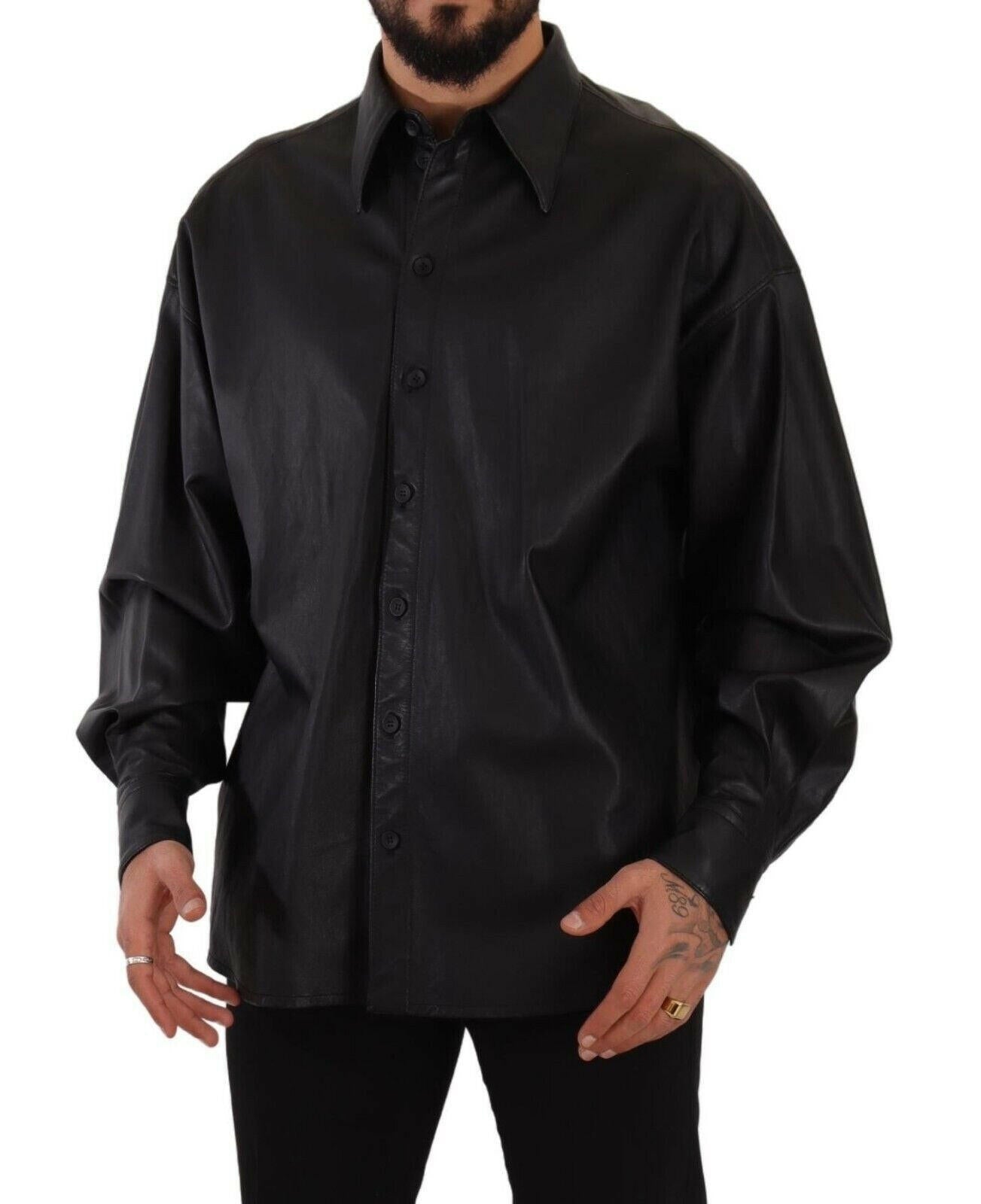 Dolce & Gabbana Black Leather Button Down Men Collared Jacket