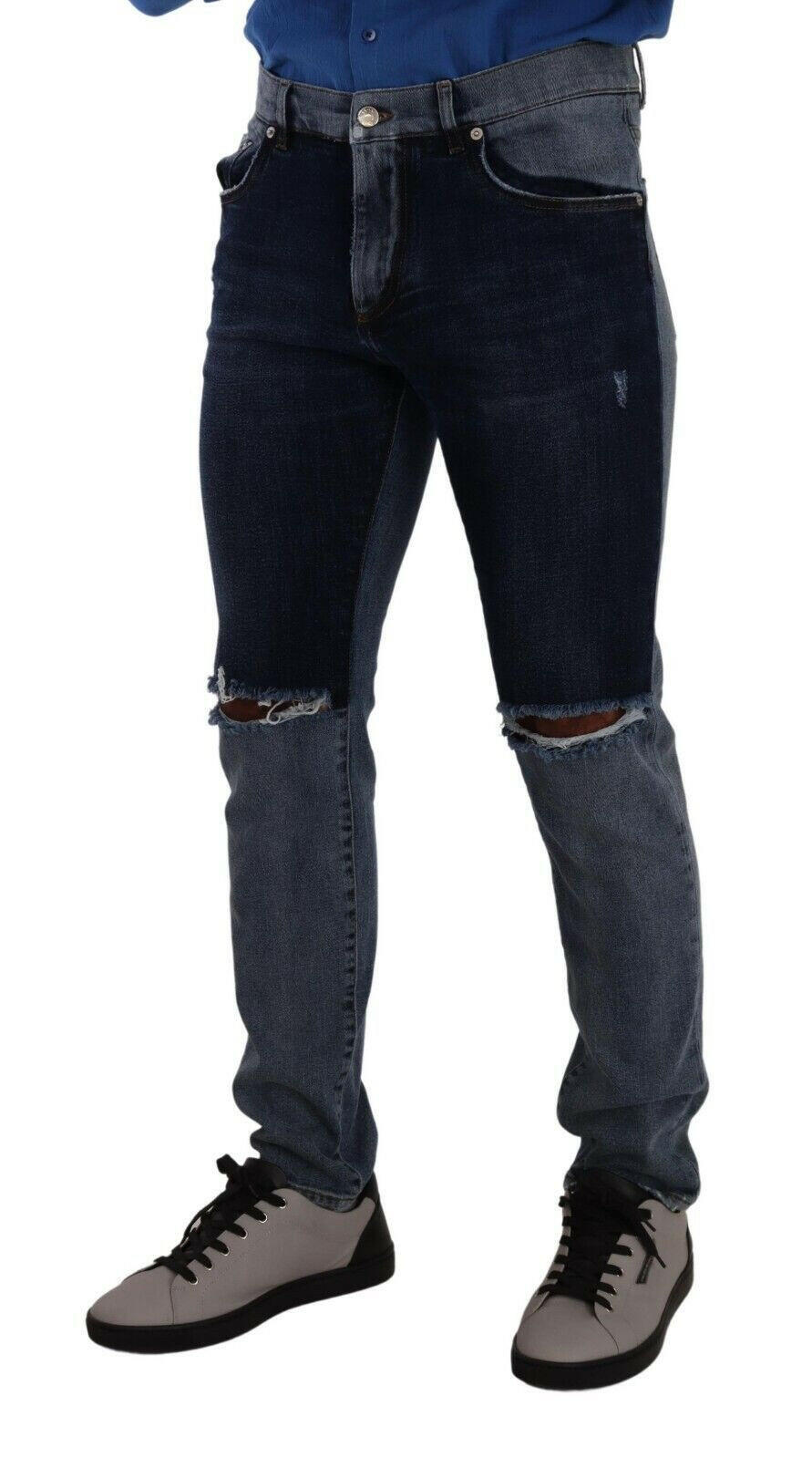 Dolce &amp; Gabbana – Zweifarbige Slim-Jeans aus zerfetzter Baumwolle in Blau
