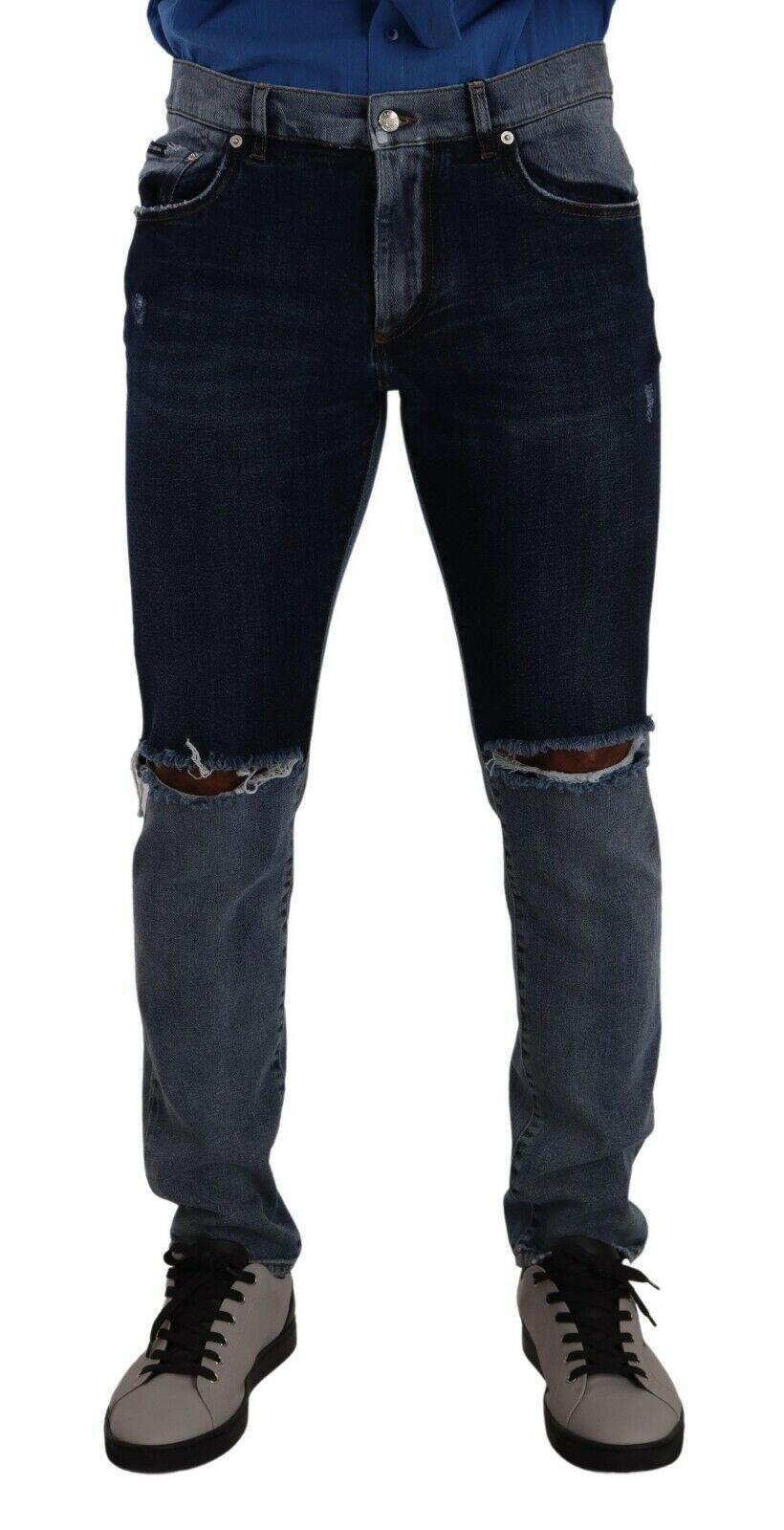 Dolce &amp; Gabbana – Zweifarbige Slim-Jeans aus zerfetzter Baumwolle in Blau