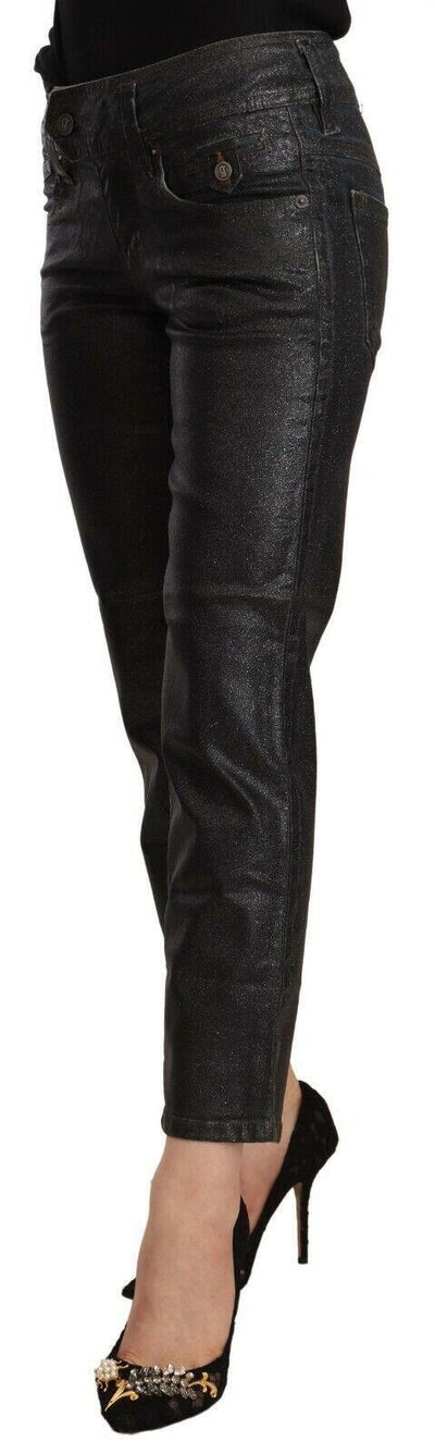 John Galliano Black Glittered Mid Waist Cotton Cropped Pants