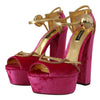 Dolce & Gabbana Pink Velvet Crystal Ankle Strap Sandals Shoes