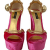 Dolce & Gabbana Pink Velvet Crystal Ankle Strap Sandals Shoes