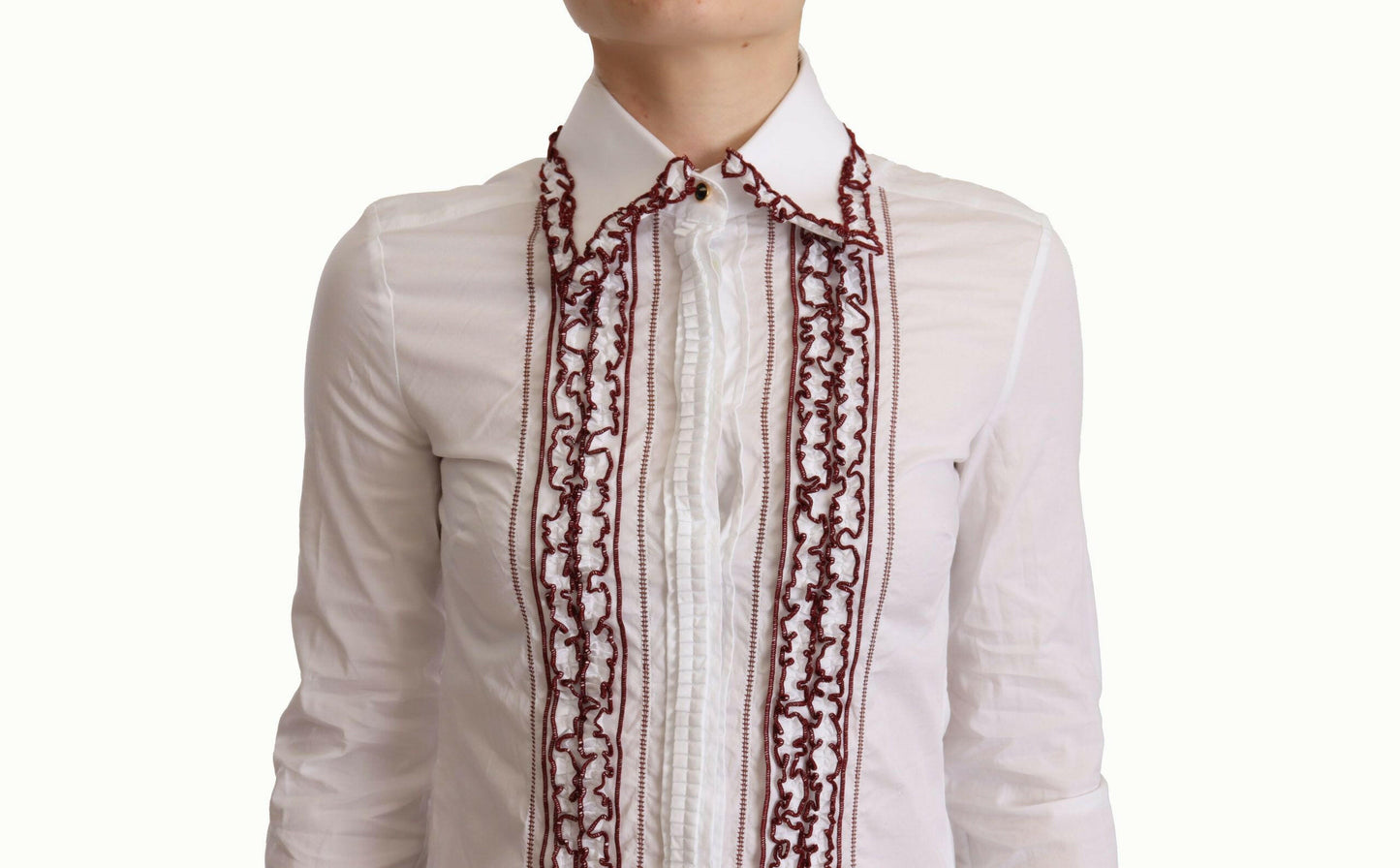 Dolce & Gabbana White Cotton Lace Long Sleeves Ruffle Collar Top Shirt