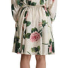 Dolce & Gabbana White Rose Print Long Sleeves A-line Dress