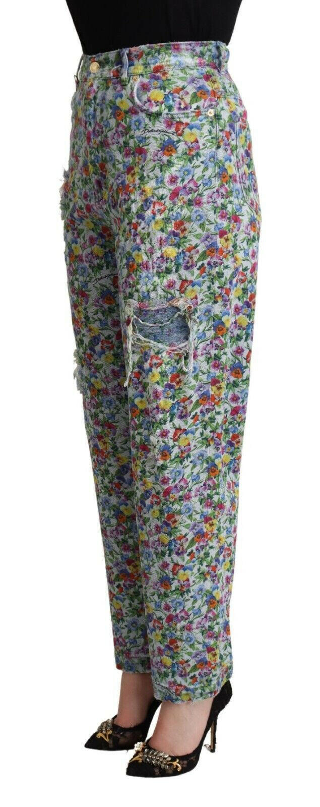 Dolce &amp; Gabbana – Blaue, schmal zulaufende Jeans aus Denim mit Blumenmuster und hoher Taille