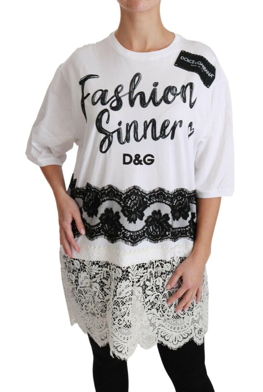 Dolce &amp; Gabbana – Weißes T-Shirt mit Baumwollspitze „Fashion Sinner“