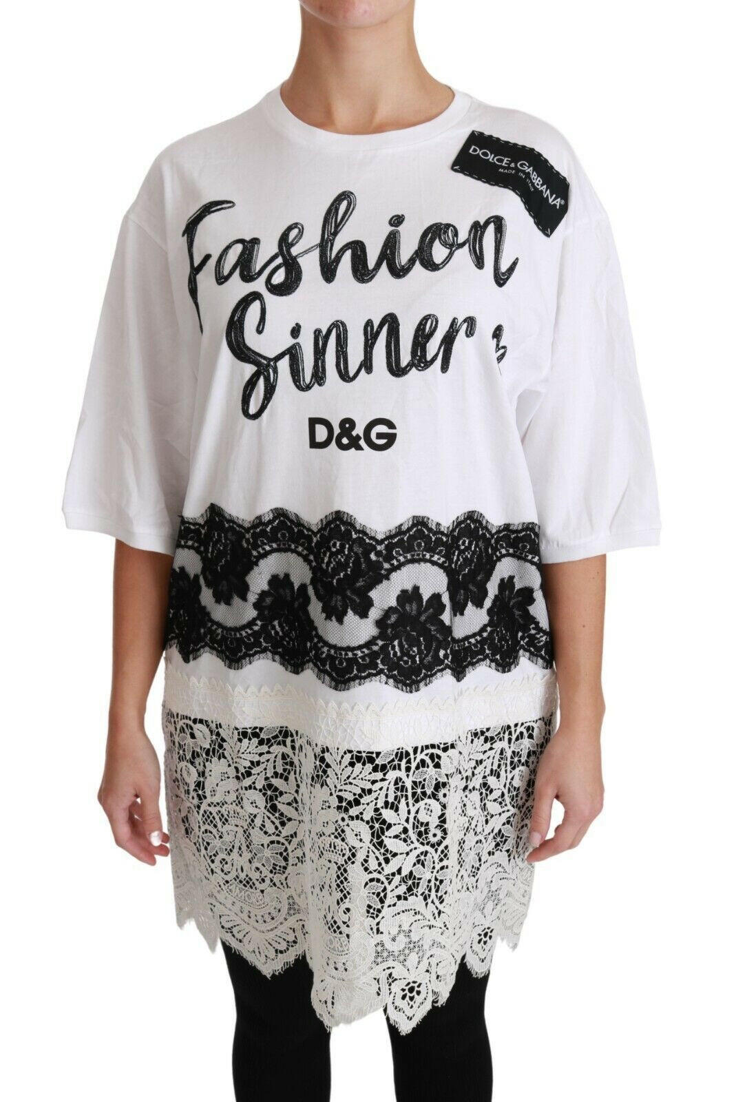 Dolce &amp; Gabbana – Weißes T-Shirt mit Baumwollspitze „Fashion Sinner“