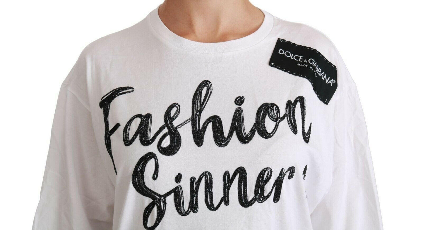Dolce &amp; Gabbana – Weißes T-Shirt mit Baumwollspitze „Fashion Sinner“