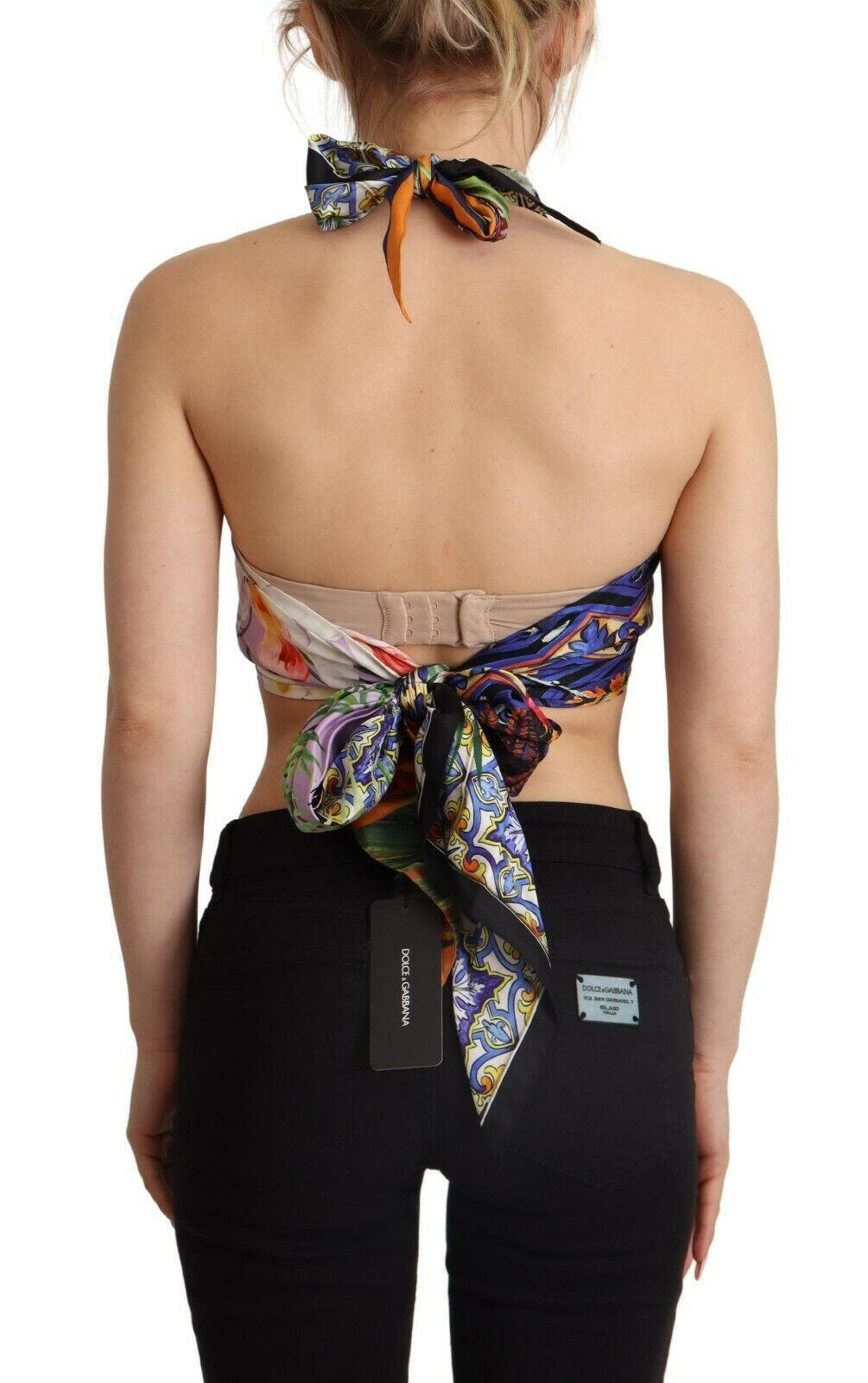 Dolce &amp; Gabbana – Mehrfarbiges Neckholder-Crop-Top aus Seide mit Foulard
