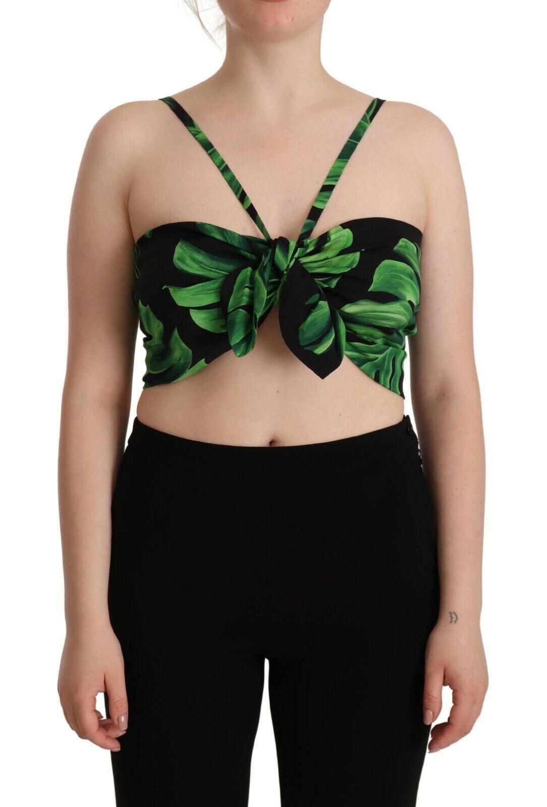 Dolce &amp; Gabbana – Neckholder-Crop-Top aus Seide mit grünen Blättern in Schwarz