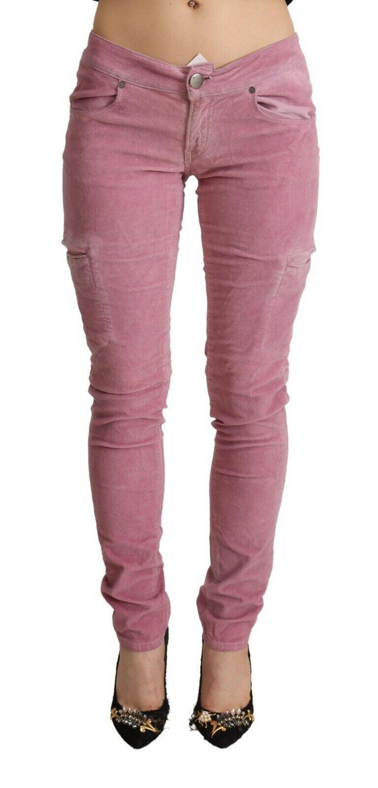 Acht Skinny-Cargo-Jeans aus Baumwolle mit niedriger Taille, Pink