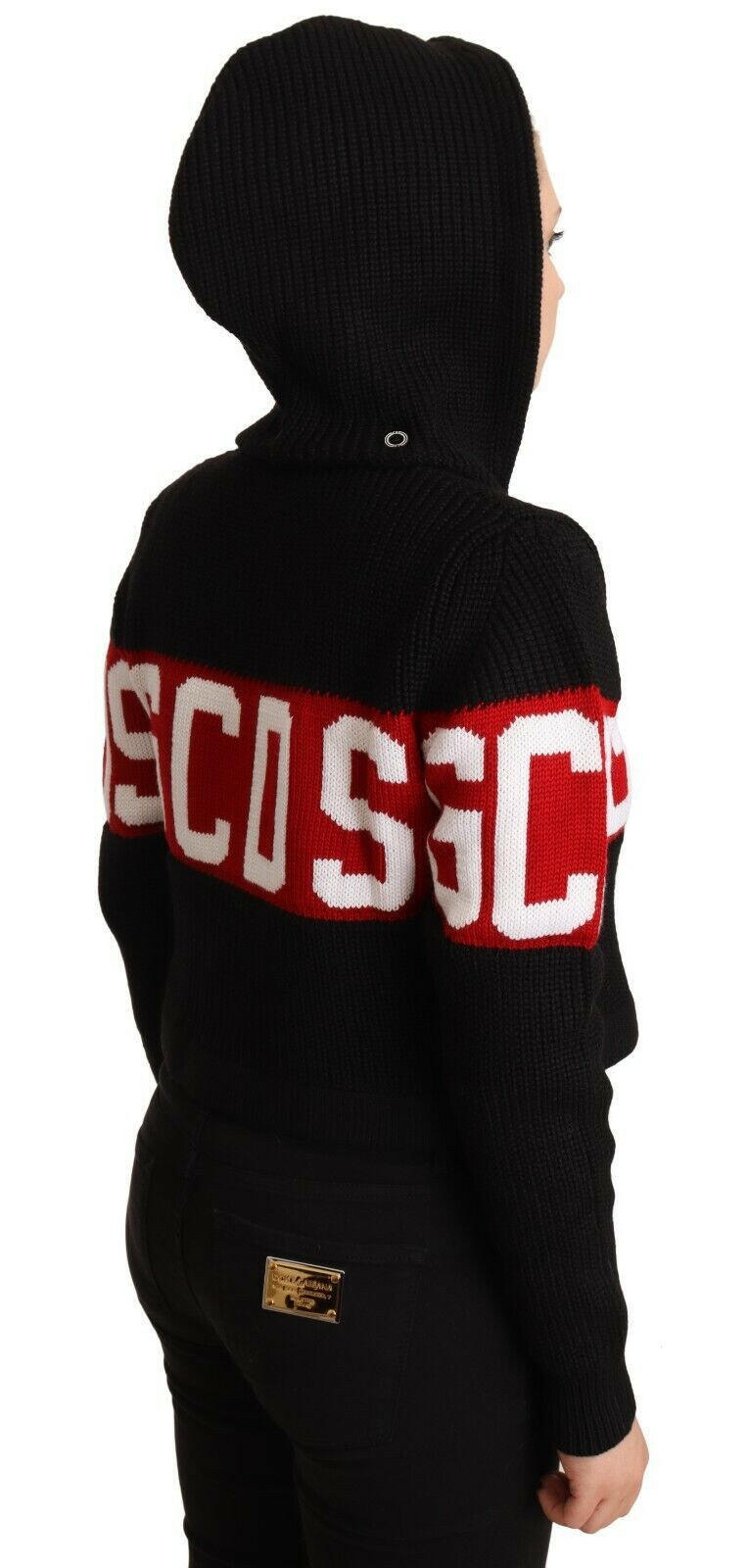 GCDS – Schwarze Strickjacke aus Kaschmir mit Kapuze und Button-Down-Logo