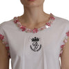 Dolce &amp; Gabbana – Weißes T-Shirt mit DG-Krone und Blumenpailletten