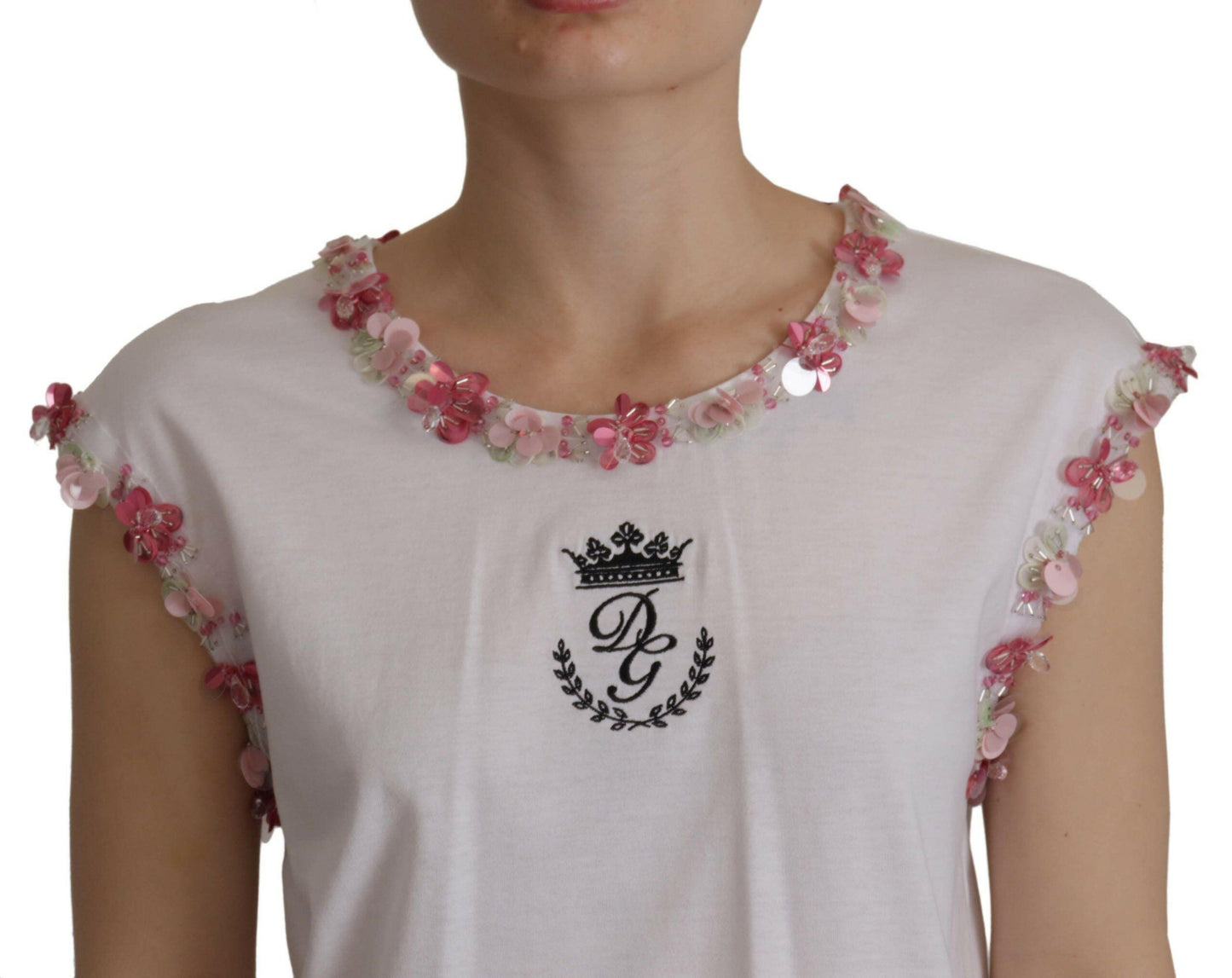 Dolce &amp; Gabbana – Weißes T-Shirt mit DG-Krone und Blumenpailletten