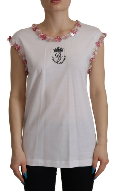 Dolce &amp; Gabbana – Weißes T-Shirt mit DG-Krone und Blumenpailletten