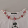 Dolce &amp; Gabbana – Weißes T-Shirt mit DG-Krone und Blumenpailletten
