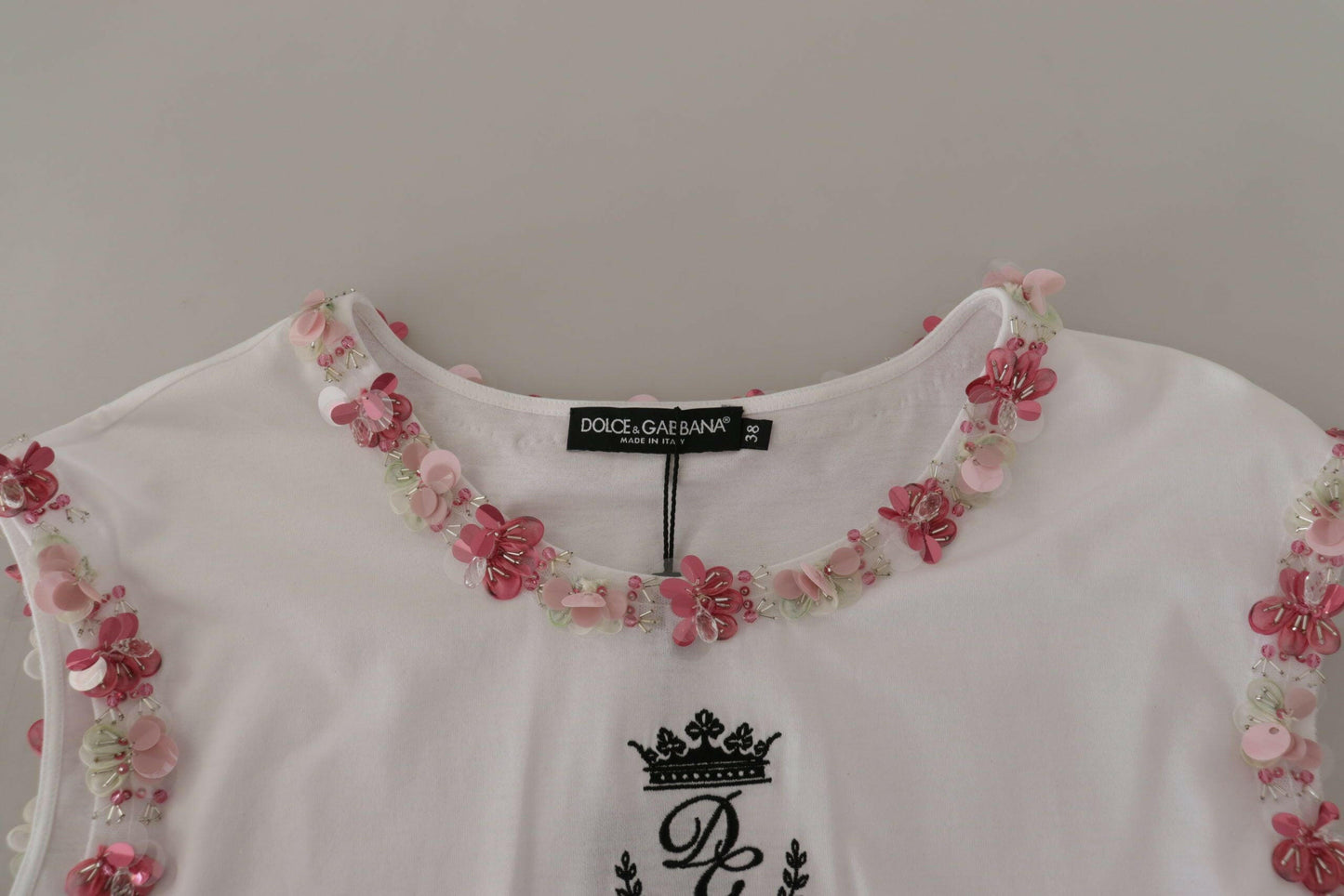 Dolce &amp; Gabbana – Weißes T-Shirt mit DG-Krone und Blumenpailletten