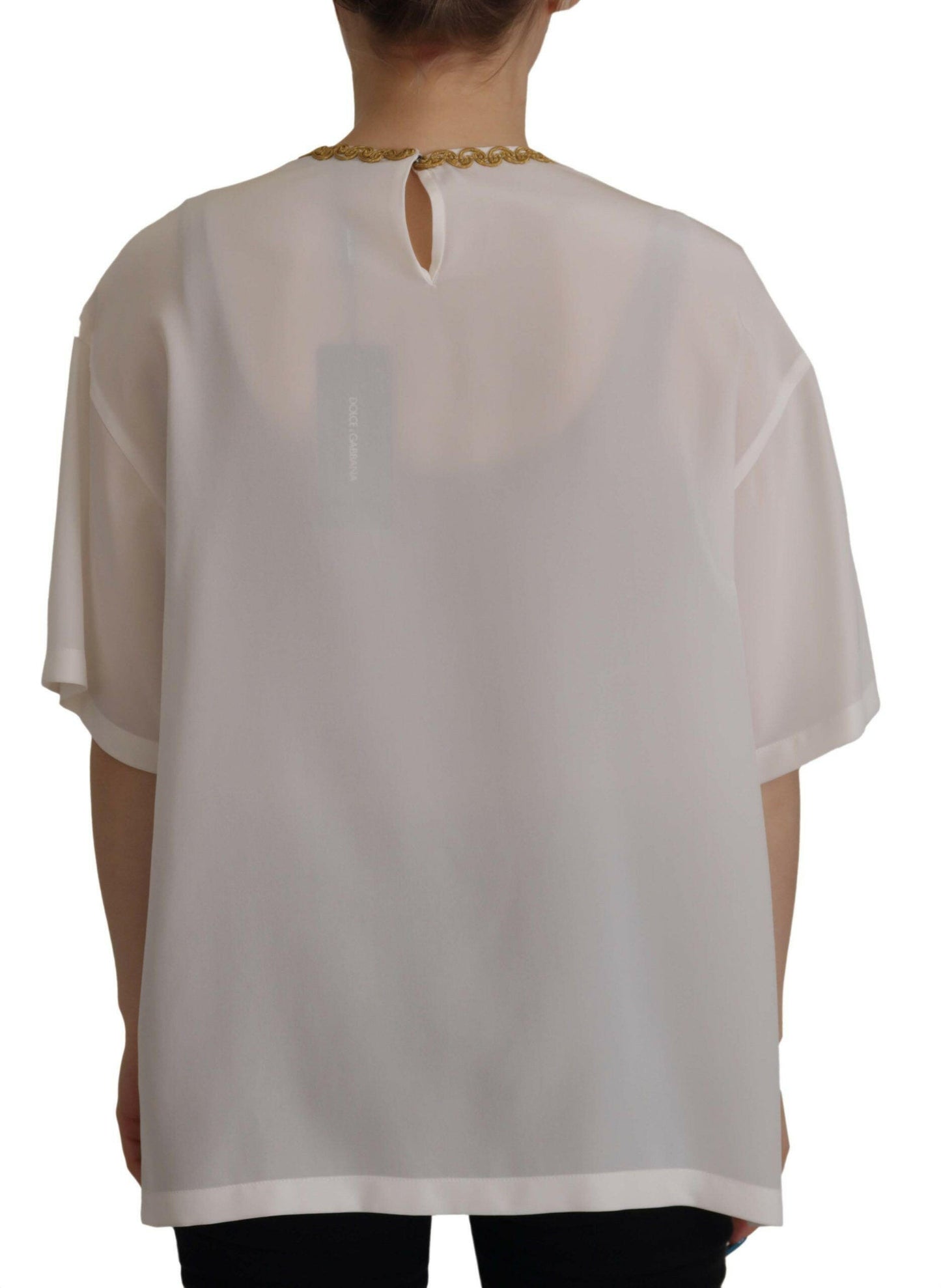 Dolce &amp; Gabbana Blusentop aus weißer Seide mit goldener DG-Krone und Kristallen